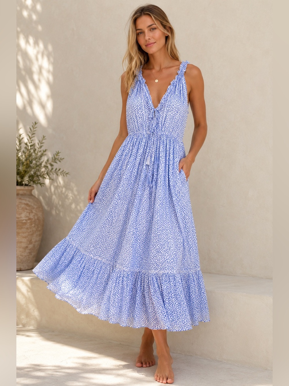 Roller Rabbit Surry Odelle Blue White Cotton Tiered Midi Dress